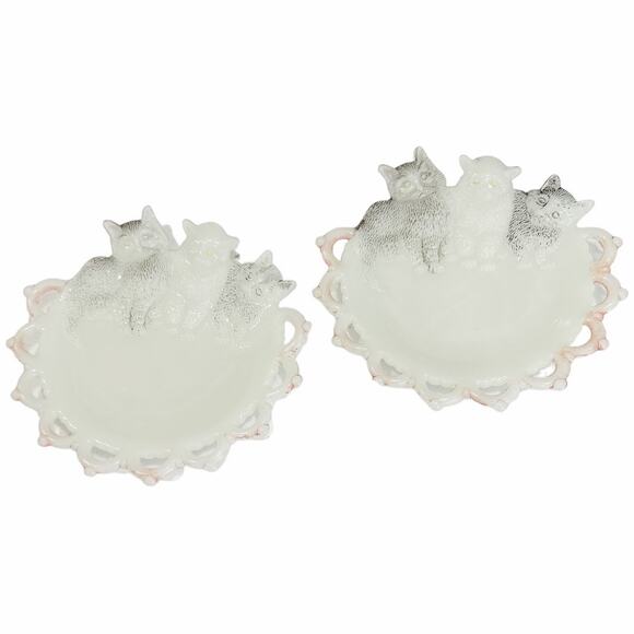 Vintage EAPG Westmoreland Kittens Pressed Milkglass Set of 2 Dishes 6.5” - Picture 1 of 7